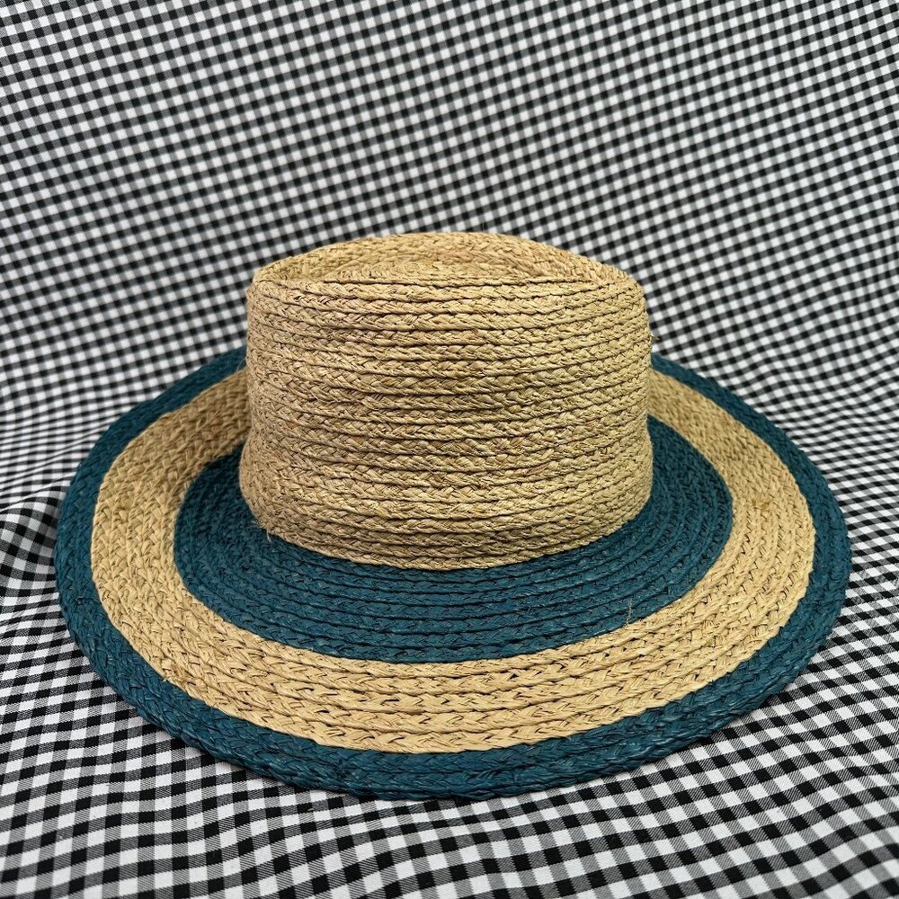 Brixton Hampton Fedora Straw Full Brim Tan Blue Vacation Beach Women's Medium